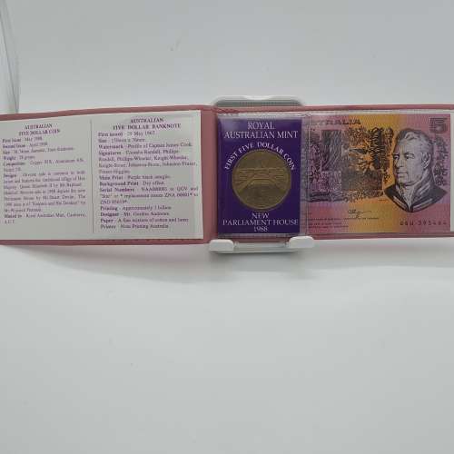澳洲錢幣套裝/UNC(1967)Australia 5 dollar banknote/1967年澳洲5元纸幣加1988年5元
