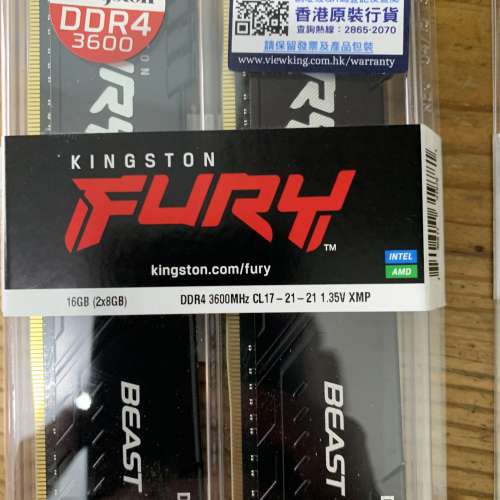 全新Kingston Fury Beast 16GB Kit DDR4 (2x8GB) 3600MT/s CL17-21-21 1.35V XMP ...