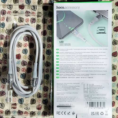 hoco Type-C to Type-C 屏顯100W透明探索充電數據線, 1.2米