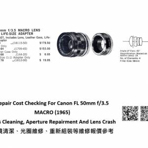 Repair Cost Checking For Canon FL 50mm f/3.5 MACRO (1965) Lens Cleaning