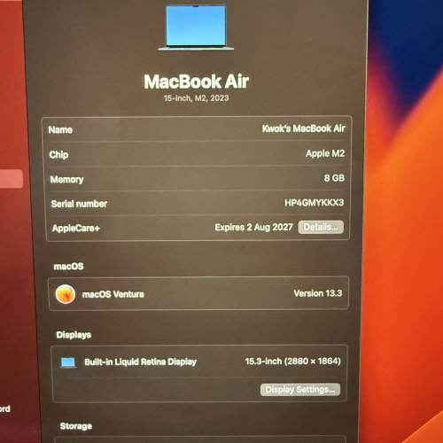 MacBook Air 15-inch (M2, 2023)｜256GB｜Midnight｜連AppleCare+到2027｜送Magic ...