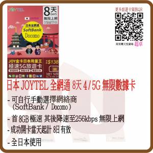 JOYTEL 日本 8日8GB (首8GB高速數據) 無限 4G/5G 旅遊卡 (超卓)(筲箕灣天悅廣場上2層)