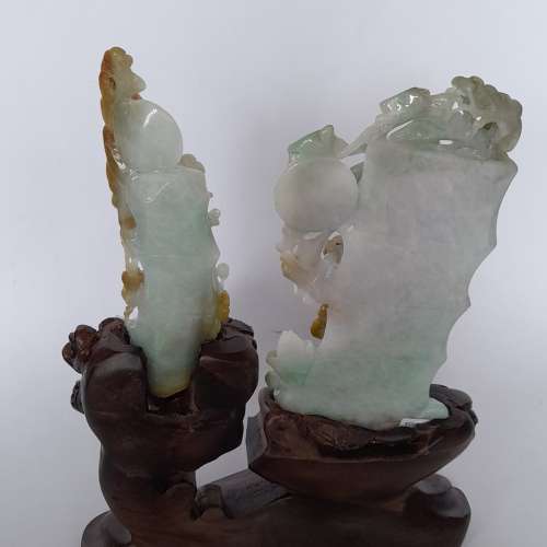 一套兩件翡翠A玉竹報平安擺件，精細雕刻上蝠鼠到臨鳥語花香，花開富貴等好意頭，連...