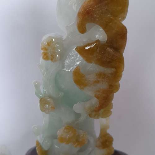 一套兩件翡翠A玉竹報平安擺件，精細雕刻上蝠鼠到臨鳥語花香，花開富貴等好意頭，連...