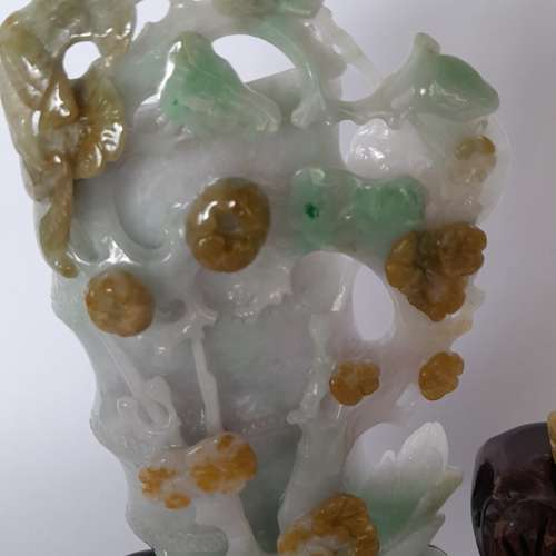 一套兩件翡翠A玉竹報平安擺件，精細雕刻上蝠鼠到臨鳥語花香，花開富貴等好意頭，連...