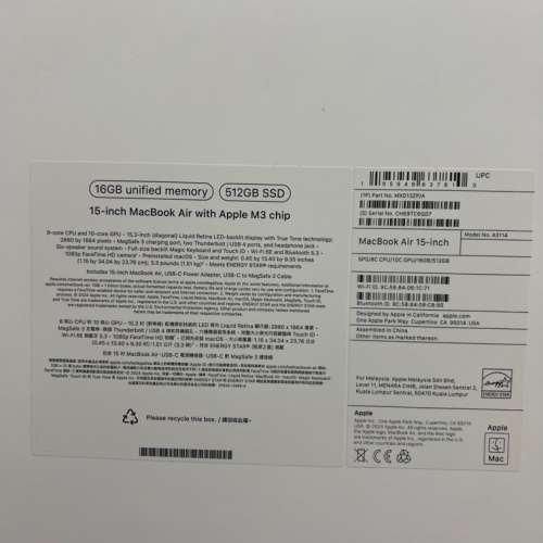 Macbook air M3 , 15" 16G Ram 512 SSD