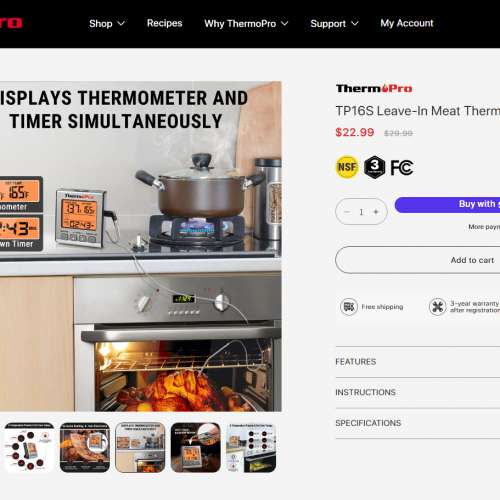 ThermoPro TP16S 數位肉類溫度計，適用於烹飪和燒烤，帶背光和廚房定時器的燒烤食品...