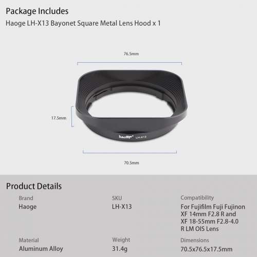 Haoge LH-X13 Bayonet Square Metal Lens Hood For Fujifilm XF 18-55mm F2.8-4 R LM
