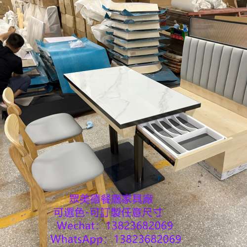 岩板包金屬邊餐枱訂造,港式餐廳桌子批發價格,白色水磨石沙大理石桌子,圓形餐桌訂製,...
