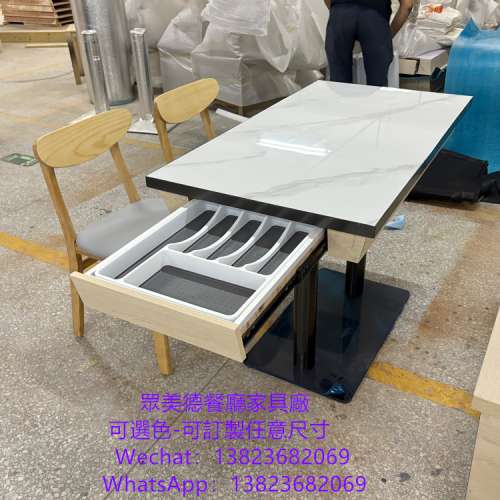 岩板不鏽鋼包邊餐桌訂製,抽屜儲物餐桌枱子訂做廠家,深圳市眾美德餐廳傢具廠直供香港...