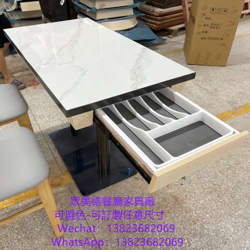 岩板不鏽鋼包邊餐桌訂製,抽屜儲物餐桌枱子訂做廠家,深圳市眾美德餐廳傢具廠直供香港...