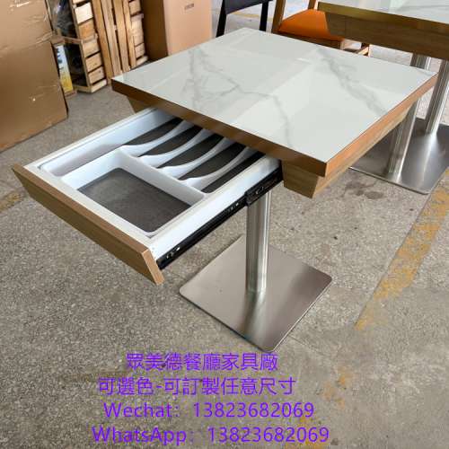 岩板不鏽鋼包邊餐桌訂製,抽屜儲物餐桌枱子訂做廠家,深圳市眾美德餐廳傢具廠直供香港...