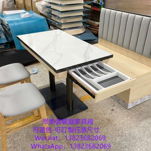 岩板不鏽鋼包邊餐桌訂製,抽屜儲物餐桌枱子訂做廠家,深圳市眾美德餐廳傢具廠直供香港...