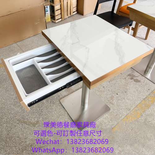 岩板不鏽鋼包邊餐桌訂製,抽屜儲物餐桌枱子訂做廠家,深圳市眾美德餐廳傢具廠直供香港...