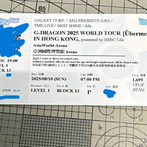放 現票 10/8 權志龍 G-Dragon 演唱會 2025 香港站 $1699 單丁
