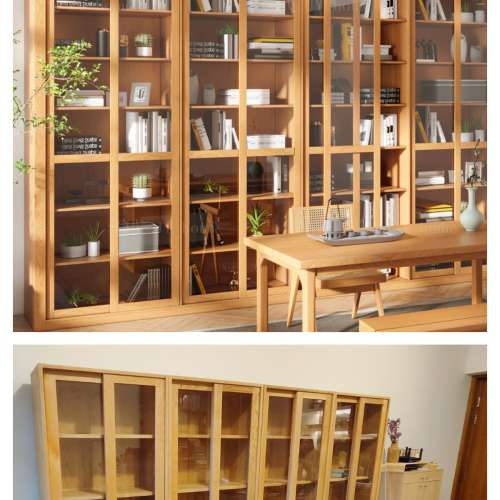 日式原木書架定制整牆滿牆全實木書櫃帶玻璃推拉門櫻桃木書房訂做