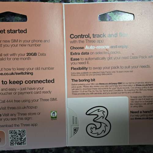 電話卡 3UK sim card 東南亞 英國 及 歐洲 合共71個國家使用, 包括 香港 澳門, 印尼...