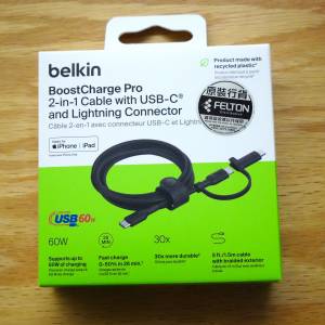 Belkin BoostCharge Pro 2 合 1 USB-C to Lightning Connector Charging Cable 充...