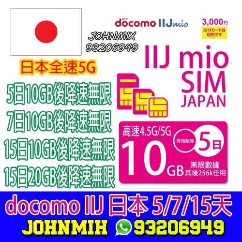 包平郵 Docomo IIJ 5G 日本上網卡 5日 7天 10日 15日 10GB-20GB 日本數據卡 日本網...