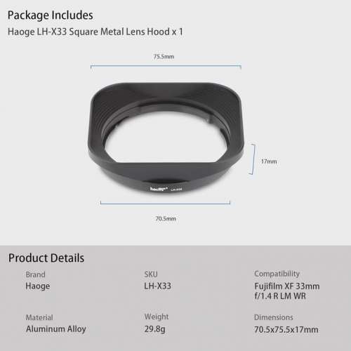 HAOGE LH-X33 Bayonet Square Metal Lens Hood For Fujifilm Fujinon XF 33mm F1.4 R