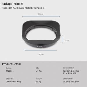HAOGE LH-X33 Bayonet Square Metal Lens Hood For Fujifilm Fujinon XF 33mm F1.4 R