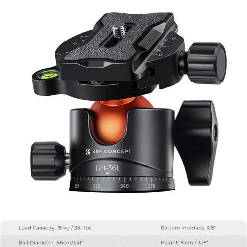 K&F Concept  A255C2 + BH-36L Carbon Fiber 5-Section 156cm Tripod -  KF09.103V1