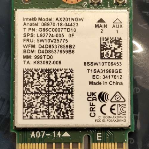 Intel AX201NGW Wi-Fi 6 / Bluetooth 5.2 for CNVio2 M.2