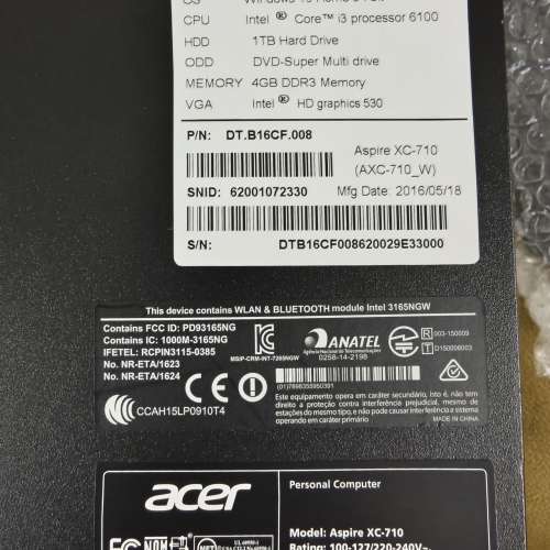 99%新未用過百老匯行機，acer電腦主機Aspire XC-710