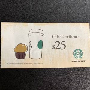 Starbucks $25 禮劵 5張
