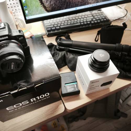 Canon R100 kit set+腳架+餅鏡 (2024年買)