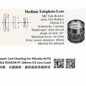 Repair Cost Checking For Minolta Auto Tele Rokkor-PF 100mm F/2 (1961)