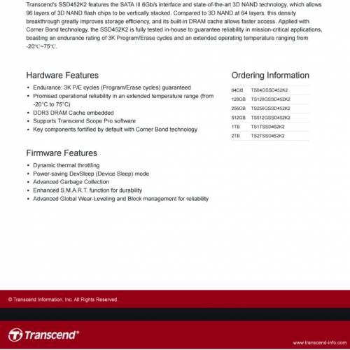 （全新）Transcend 512GB SSD TLC SATA TS512GSSD452K2