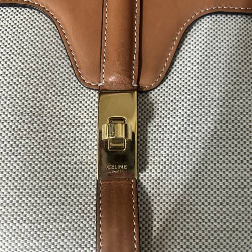 Celine 牛皮皮革/帆布Shoulder Bag金扣肩背袋棕色/白色