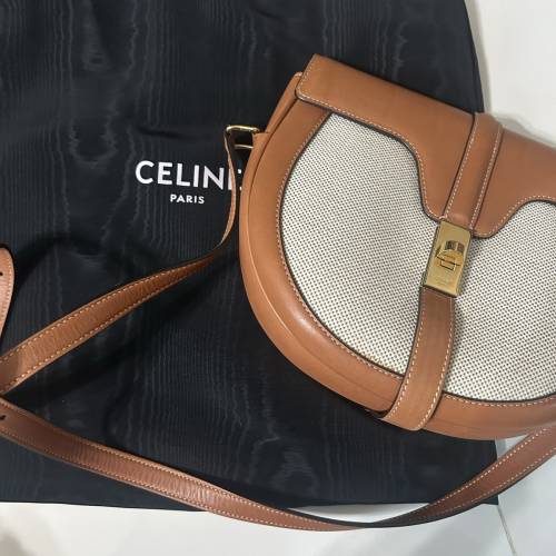 Celine 牛皮皮革/帆布Shoulder Bag金扣肩背袋棕色/白色