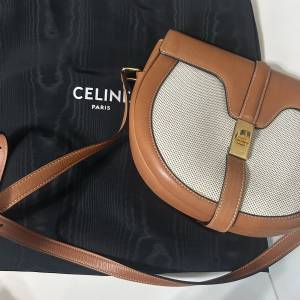 Celine 牛皮皮革/帆布Shoulder Bag金扣肩背袋棕色/白色