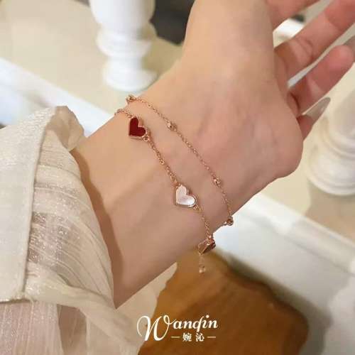 S925纯银「心心相依」韩系几何爱心双层手链女