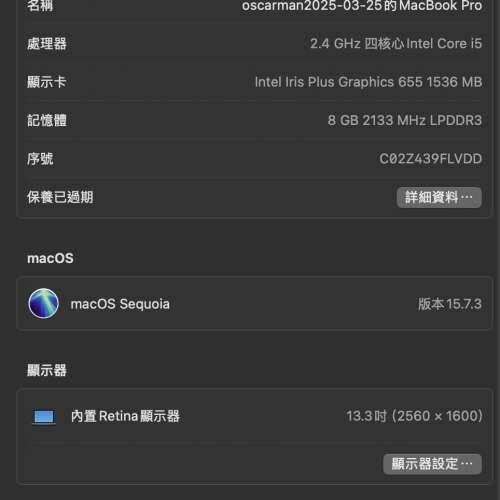 Apple MacBook Pro 13 吋 (2019)-9成新-SSD 500GB-touch keyboard