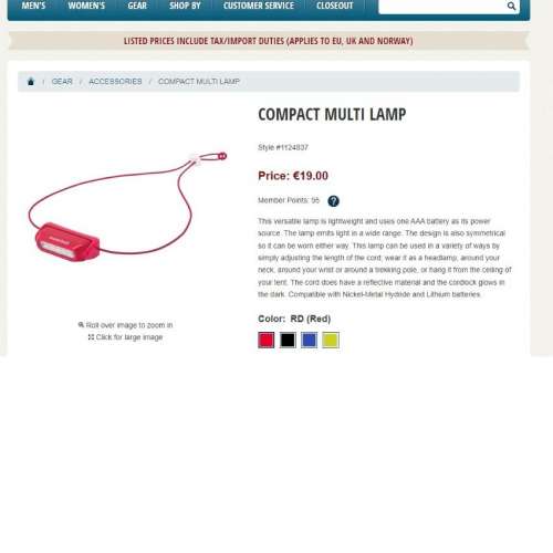 99.99% NEW - Mont-bell Compact Multi Lamp LED 方便實用可掛頸可頭燈（紅色）