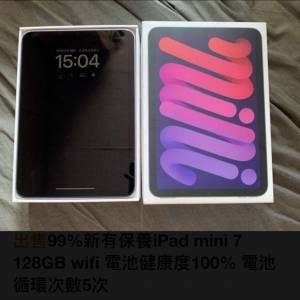 99%新有保養iPad mini 7 128GB wifi 電池健康度100% 電池循環次數5次