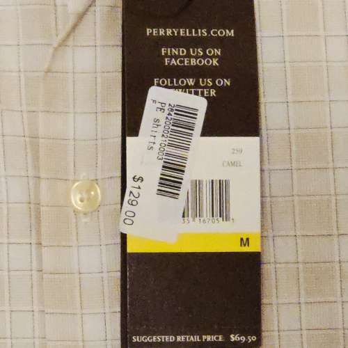 美國名牌Perry Ellis shirt男士長袖襯衫, 卹衫一件, 100% cotton 純棉質. 格仔圖案....