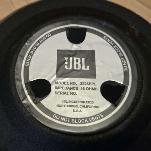 美國製 JBL 2226HPL 15" 16 ohm 低音單元一個