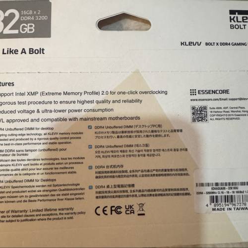 全新未開 Klevv BOLT X DDR4 GAMING MEMORY 32GB (16gb x 2) 3200Mhz 記憶體 內存