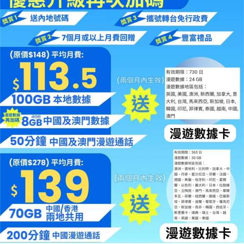 $145｜50GB三地（全中國+澳門+香港） +  其後無限本地1mbps任用 查詢熱線：94444747