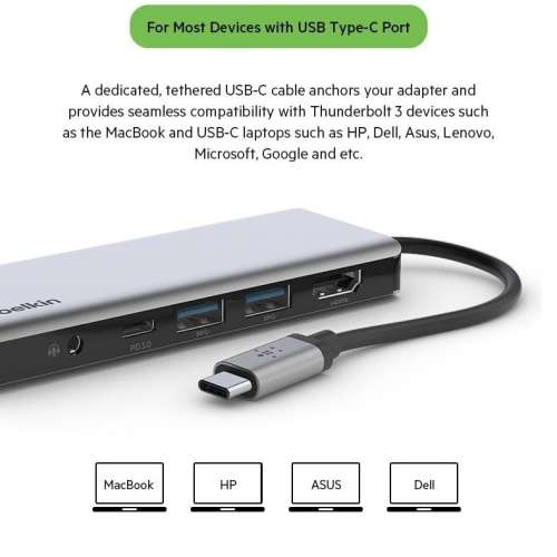 Belkin CONNECT USB C Hub,7-in-1 MultiPort Adapter Dock w/ 4K HDMI,AVC009btSGY,...