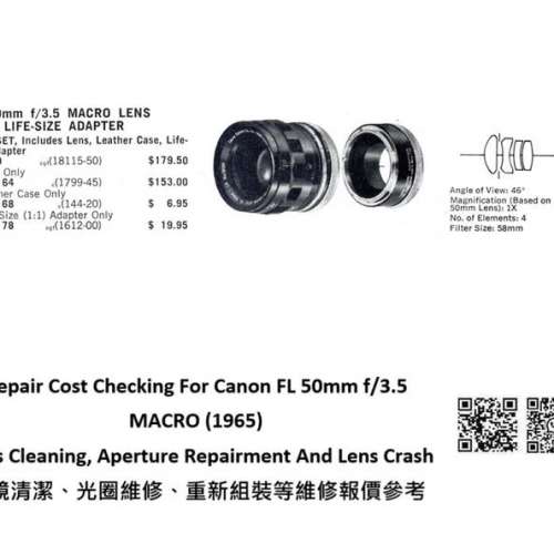 Repair Cost Checking For Canon FL 50mm f/3.5 MACRO (1965) Lens Cleaning