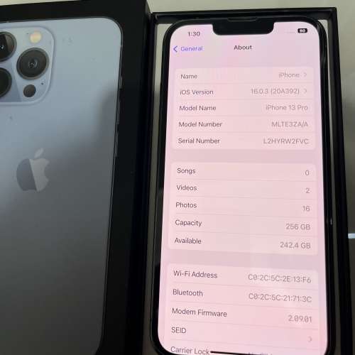 iPhone 13pro 256gb,battery 89,港行雙卡，電池89、所有功能正常！