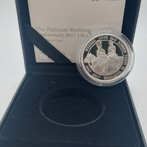 Platinum Wedding Anniversary &pound;5 Silver Proof Coin Box 2017 Royal Mint UK/英女...
