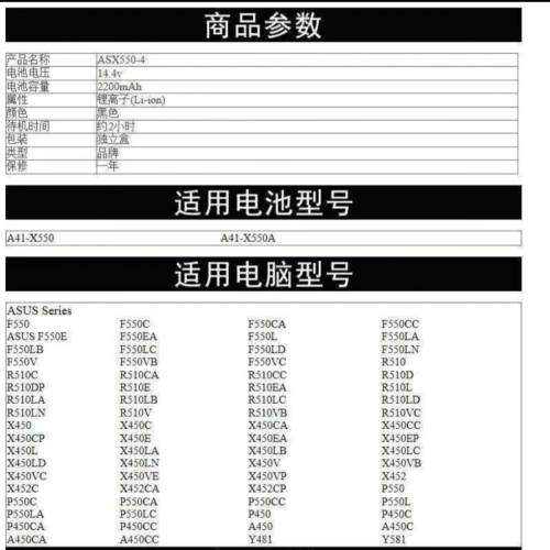 95%新行貨ASUS A41-X550A 14.4V/44Wh 2900mAh手提電腦鋰電池 日本製造