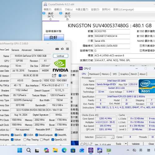 Xeon E5-2690 CPU 8核心16線程,32G ram,480G SSD,1TB HD, Geforce GTX 1060 3G ,Win11