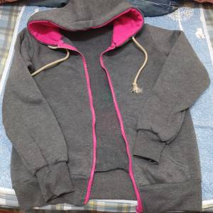 二手灰色粉紅拉鍊衛衣 連帽口袋寬鬆彈力外套 連帽長袖加絨外套 春秋冬開衫外套